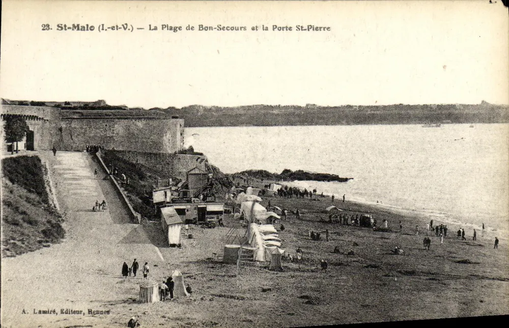 St-Malo (I.-et-V.) — Ansicht der Plage de Bon-Secours und der Porte St-Pierre — A. Lamiré, Verlag, Rennes - Vorderseite