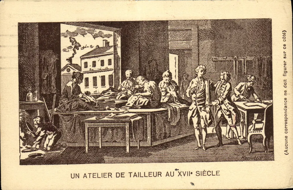 Atelier de tailleur au XVIIIe siècle — scène d'atelier avec plusieurs ouvriers et un client — éditeur FORTUNEL, Rennes, N° 2865 - Vorderseite