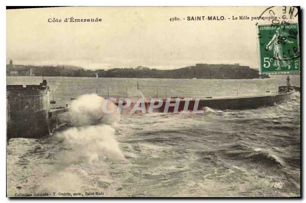 Saint-Malo — O Môle sob tempestade — G. F. Guérin, n° 4980 - Frente