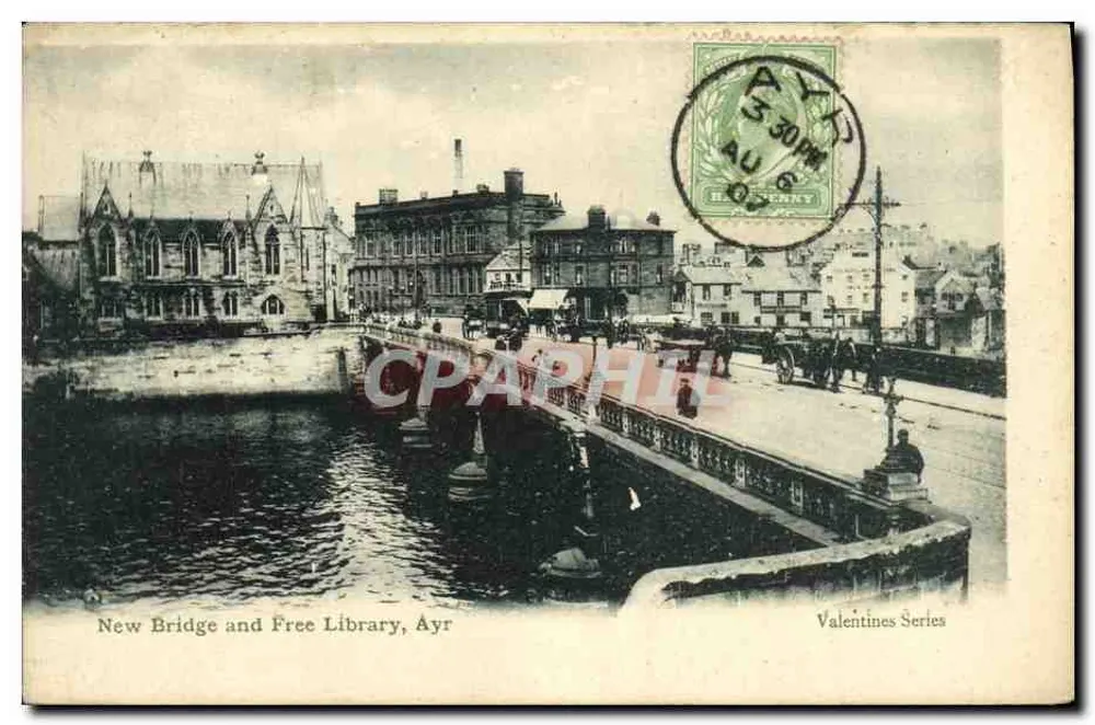 Nowoczesna pocztówka Nowy Most i Biblioteka Publiczna, Ayr — seria Valentines — wydawca nieznany - Awers