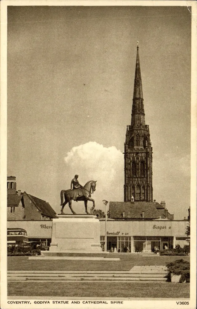 Coventry, Statua di Godiva e guglia della Cattedrale — Fotochrom, V3605 - Recto