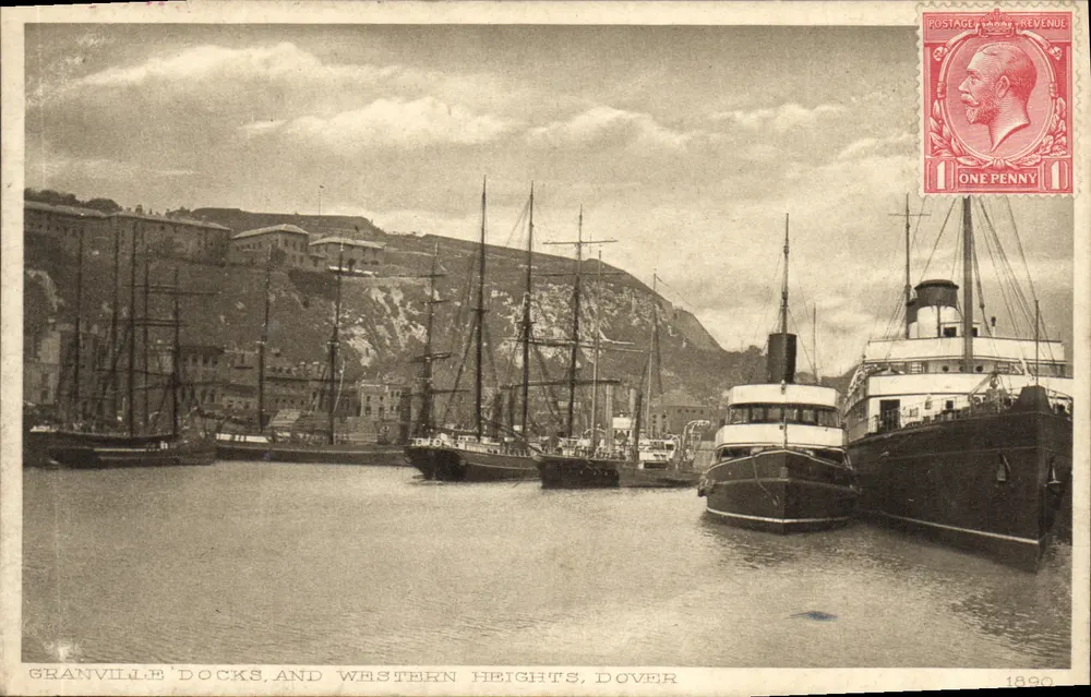 Granville Docks und Western Heights, Dover — Hafenansicht mit Schiffen — Verleger James Coles, 1890 - Vorderseite