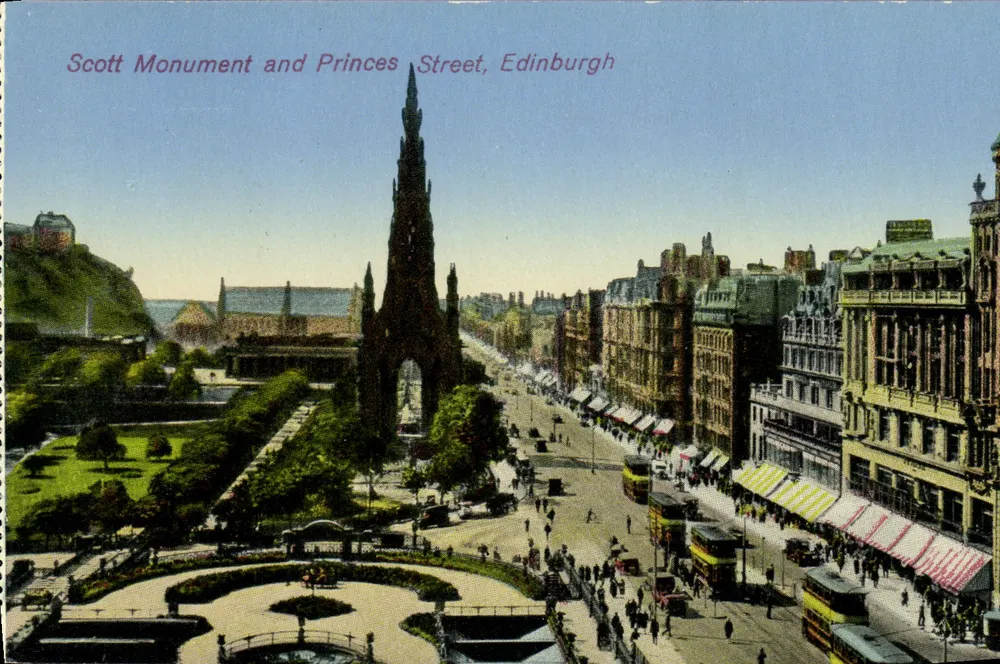 Monumento a Scott y Princes Street, Edimburgo — vista panorámica — editor no identificado - Anverso