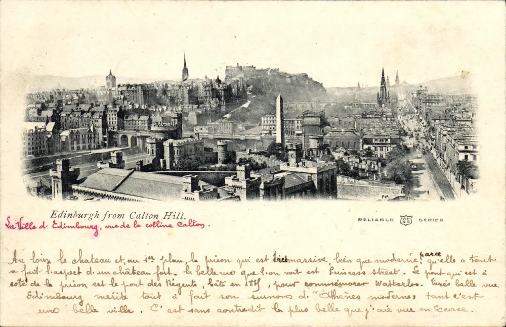 Edimburgo da Calton Hill — vista panoramica con castello, prigione e ponte dei Regenti — Serie Reliable n°45 - Recto
