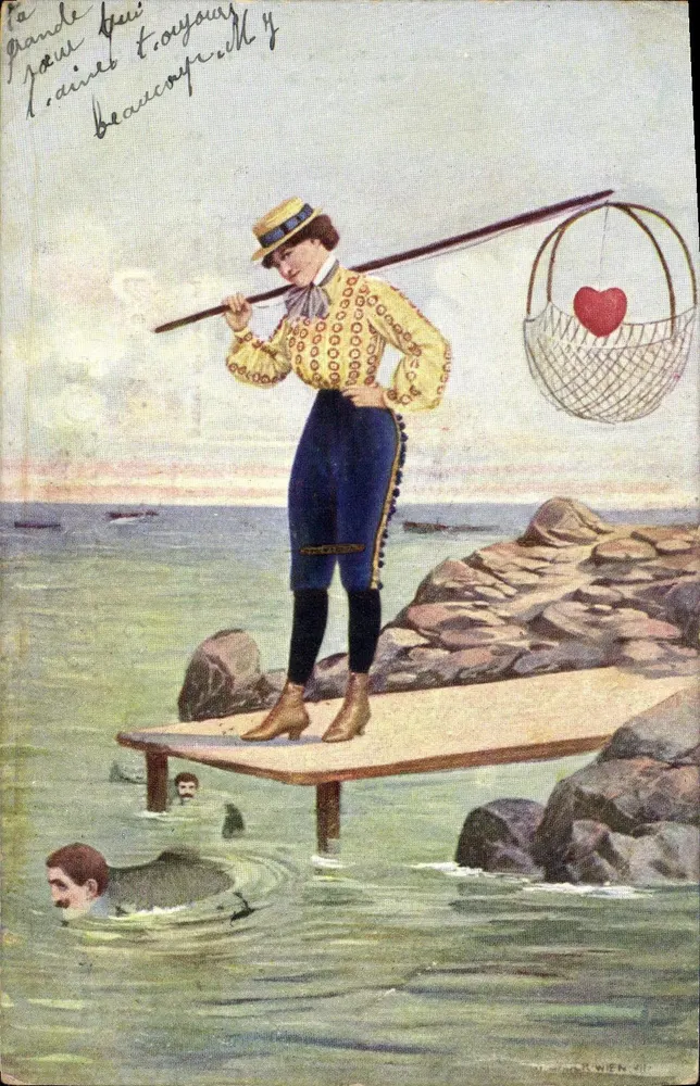 Frau im Fischerkostüm auf einem Steg — Verleger M. Ettinger & Cie, Serie 430 — London - Vorderseite