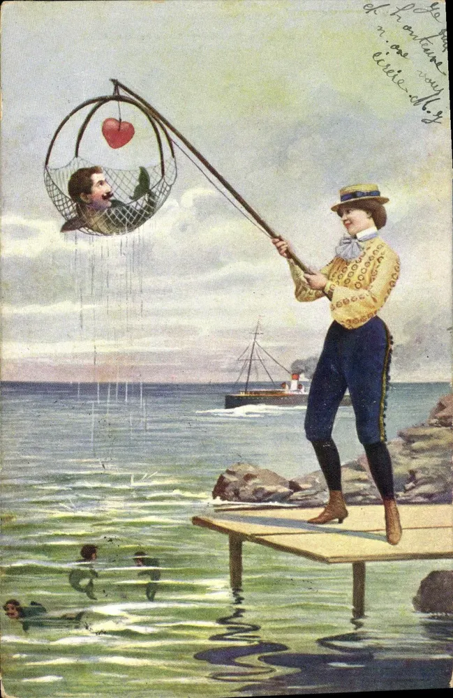 Frau, die einen Mann in einer Fischkiste fischt — Verlag M. Ettlinger & Co. — Serie 4896-6 - Vorderseite