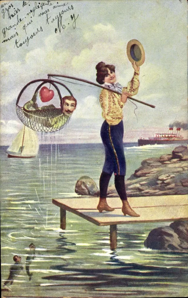 Frau auf Pier mit Mannskopf in Korb — M. Etlinger & Co. Serie 4905-3 - Vorderseite