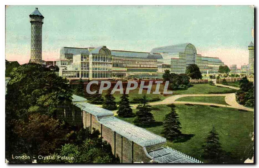 London - Crystal Palace — vue panoramique du bâtiment vitré avec tour d'eau et parc - Frente