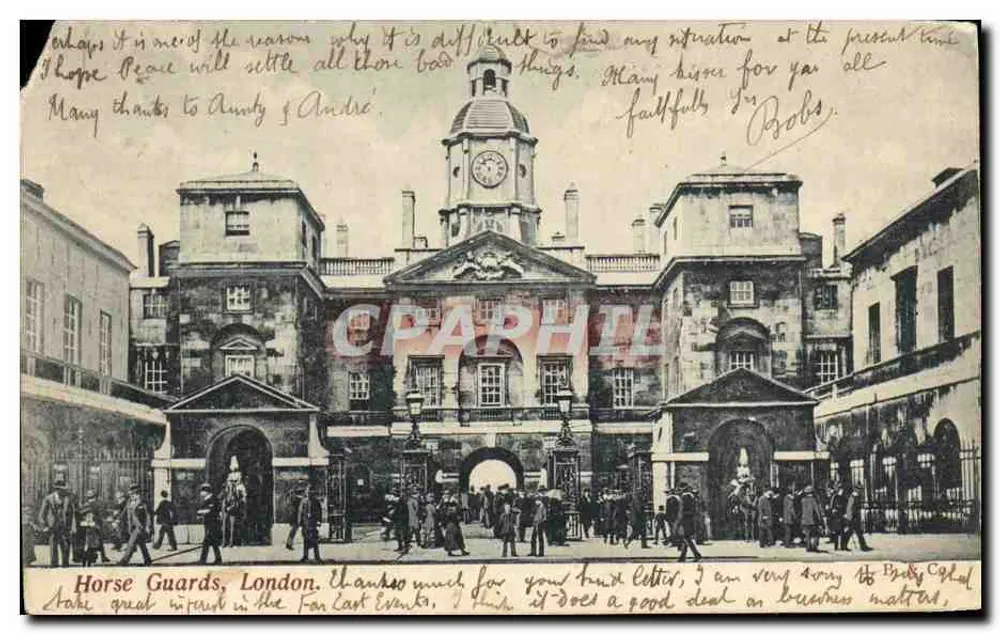 Horse Guards, London — bâtiment principal avec horloge et arches — éditeur non visible - Frente