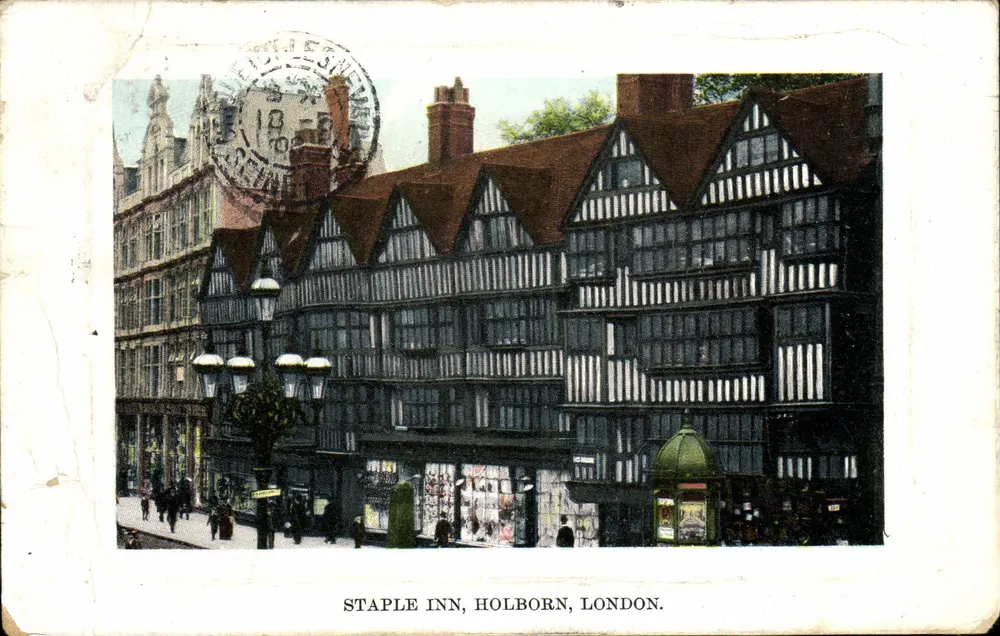 Staple Inn, Holborn, Londres — édifice à colombages — E. Gordon Smith, Publisher, Stroud Green Road - Frente