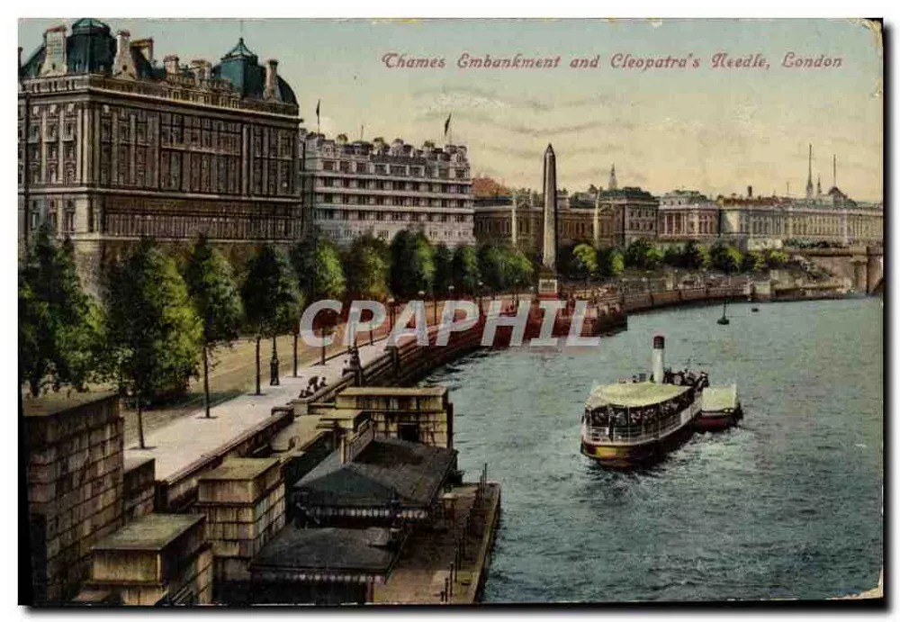Thames Embankment und Cleopatra's Needle, London — Panoramablick mit Boot auf der Themse — Verlag nicht identifiziert - Vorderseite