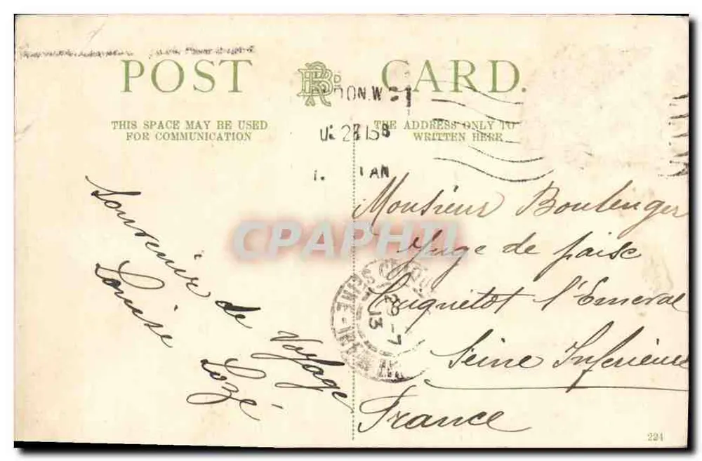 Die Parlamentsgebäude und der Westminsterbrücke, London — Verlag: London & Provincial Postcard Co. Ltd. n° 224 - Rückseite