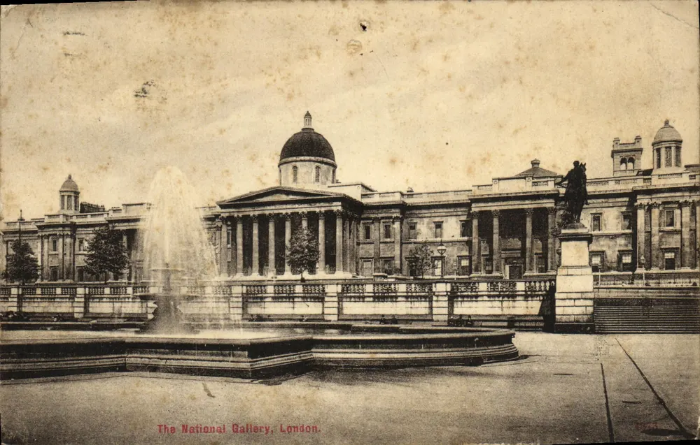 A Galeria Nacional, Londres — vista com fonte e estátua equestre — O. F. Stenger & Co. Ltd. - Frente