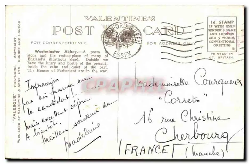 West Towers, Westminster Abbey, London — Valesque Postcard & Sons, Ltd. n° 209360 JV - Rückseite