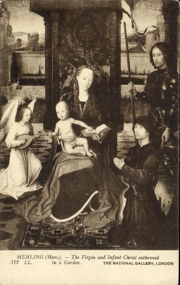 Die Jungfrau und das Kind Jesus auf einem Thron im Garten — Hans Memling — Serie 312 LL — National Gallery, London - Vorderseite