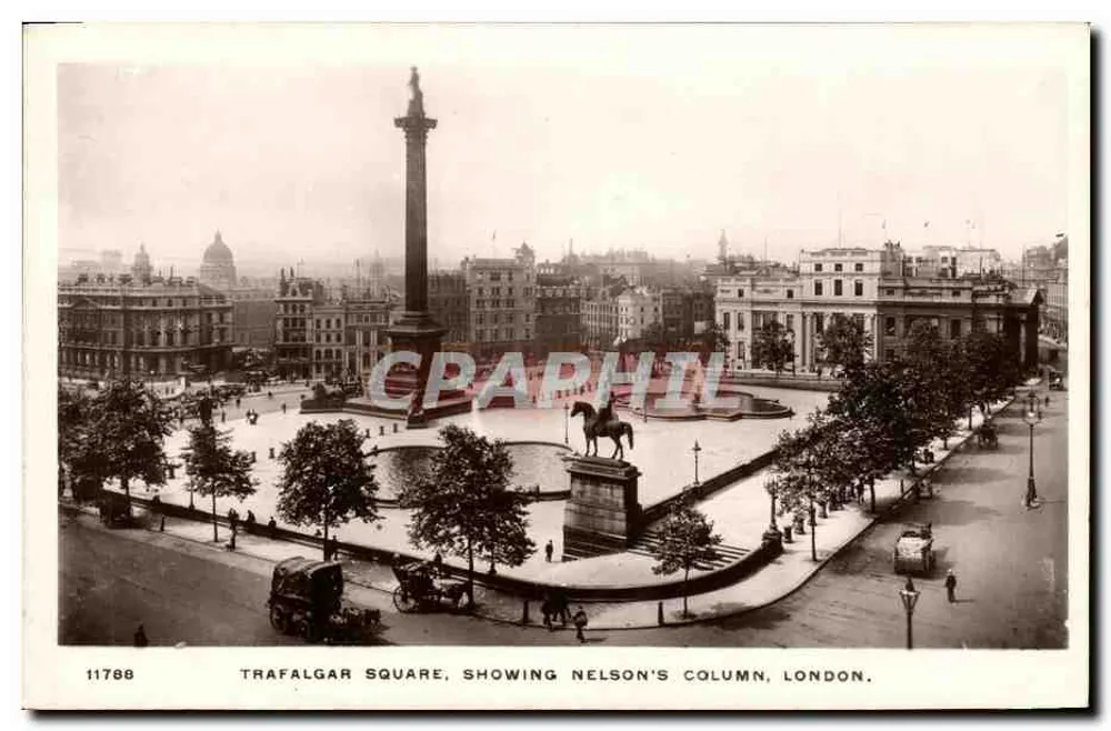 Trafalgar Square, mostrando a Coluna de Nelson, Londres — Kingsway Real Photo Card, série 11788 - Frente