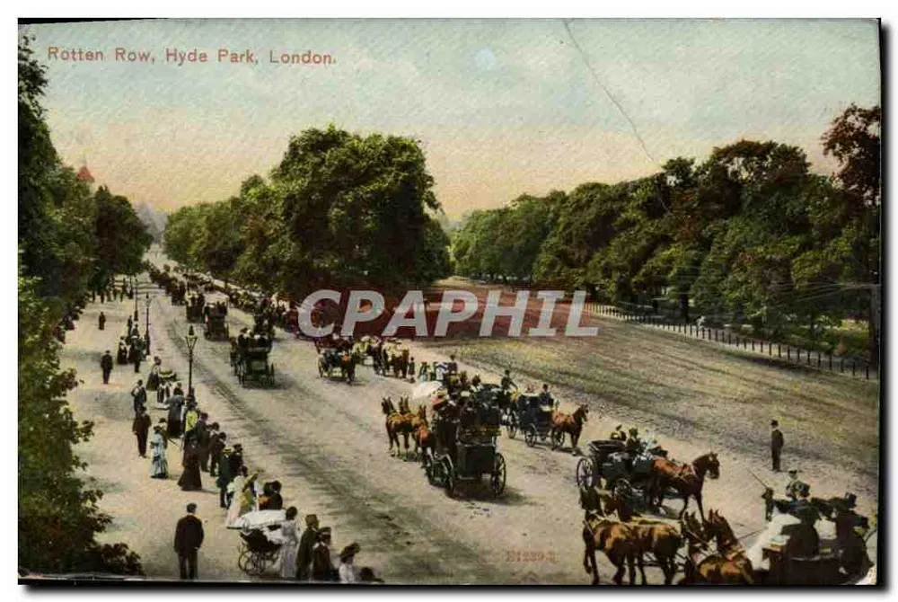 Rotten Row, Hyde Park, Londres — vista animada com carruagens e passeios — editor não identificado, n° de série 13230-3 - Frente