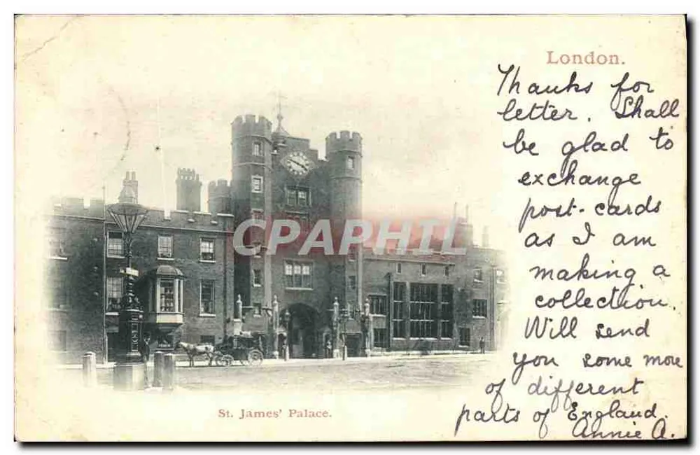 St. James' Palace — vue de l'entrée principale avec tour d'horloge — éditeur non identifié - Frente