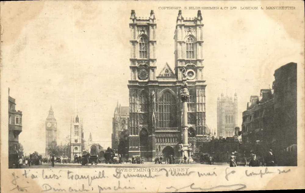 Abadia de Westminster — vista com a Torre Big Ben no fundo — S. Hildeheimer & Co. Ltd. Londres & Manchester - Frente