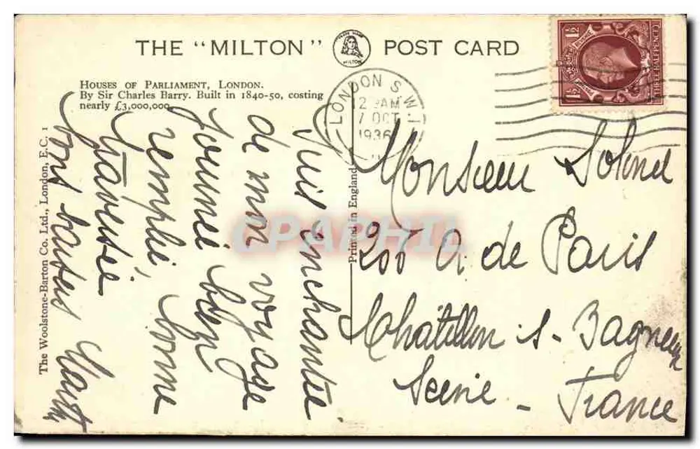Häuser des Parlaments — Ansicht des Flusses mit Booten — Die "Milton" Karte, Verlag The Woolstone-Barton Co. Ltd. - Rückseite
