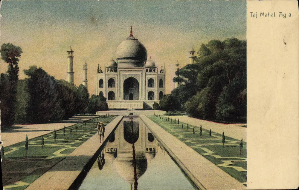 Taj Mahal, Agra — vista do mausoléu com jardim e piscina — editor não identificado - Frente