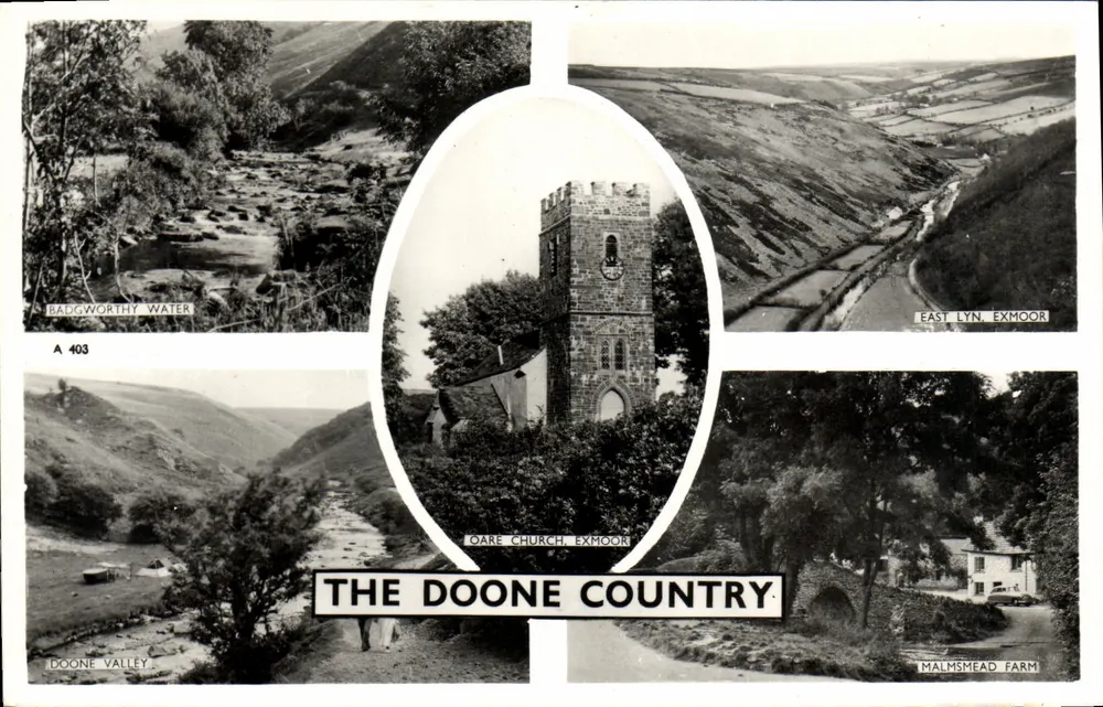The Doone Country — Badgworthy Water, Oare Church, East Lyn, Doone Valley, Malmsmead Farm — Blackmore Minehead Series A 403 - Vorderseite