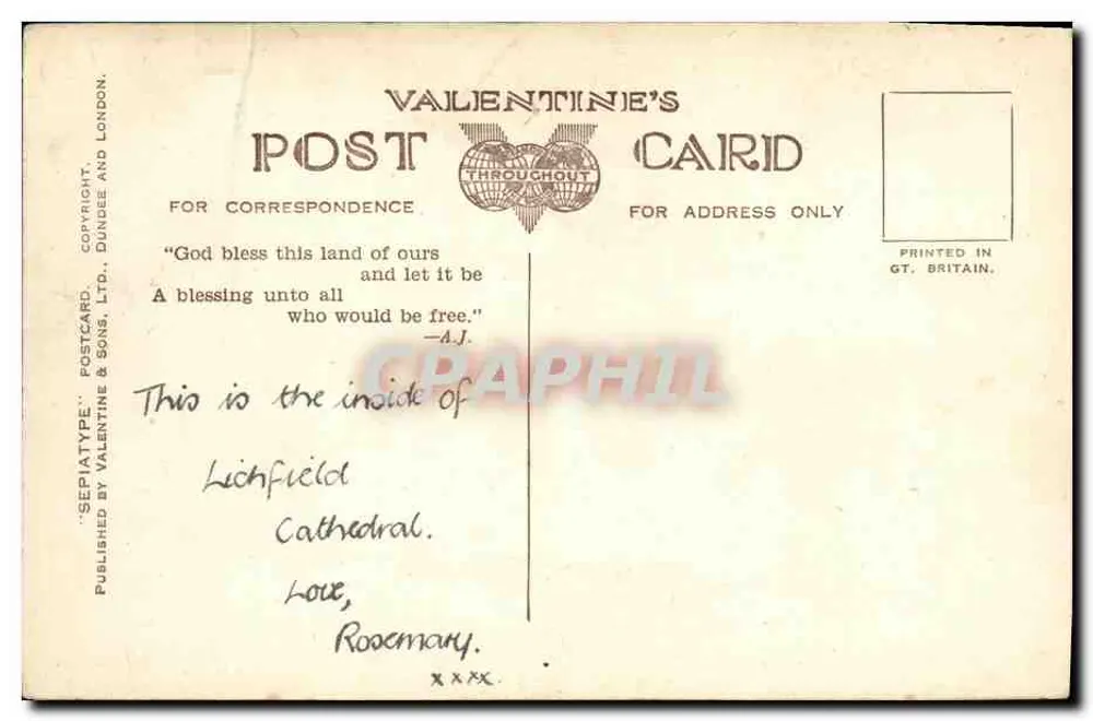 Katedra Lichfield — chóry i ołtarz — kartka pocztowa Valentine's n°4435 - Rewers