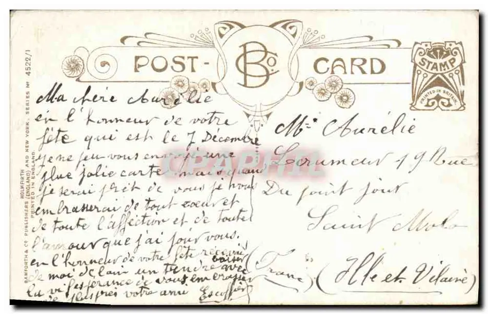Jeune homme dans un jardin — scène de jardin avec orchidées et mignonette — éditeur Holmfirth & Co. (verso) et timbre 10c République Française (recto) - Verso