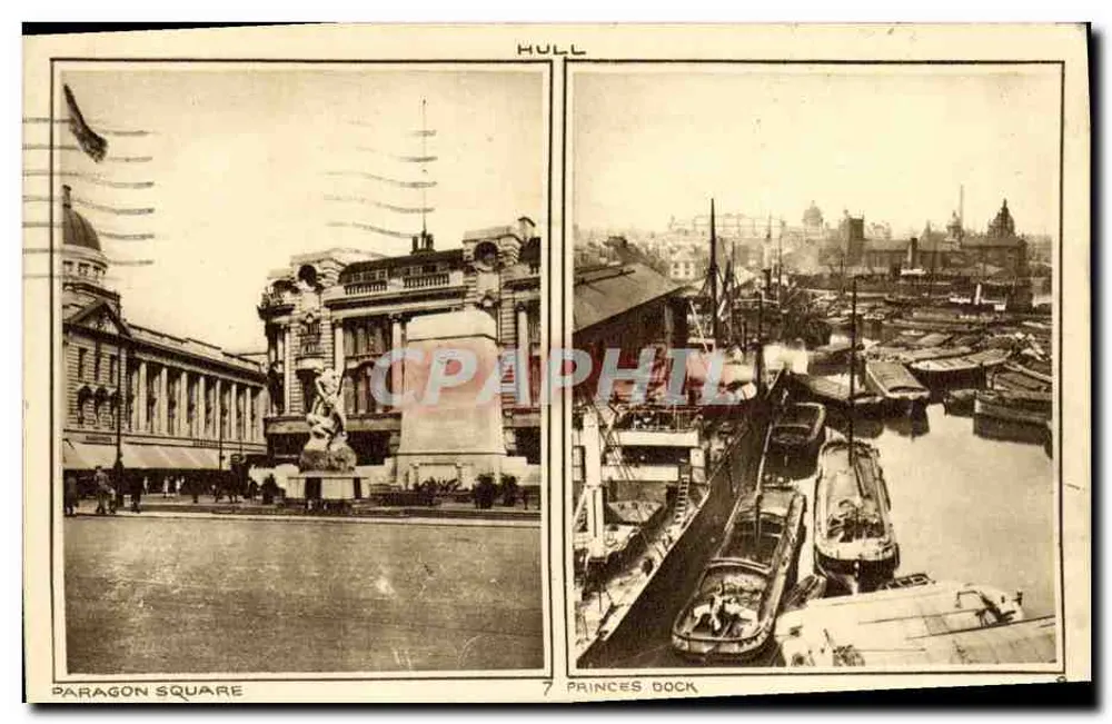Hull — Praça Paragon e Princes Dock — Publicação da Photodrawn Co. Ltd., Londres e Tunbridge Wells - Frente