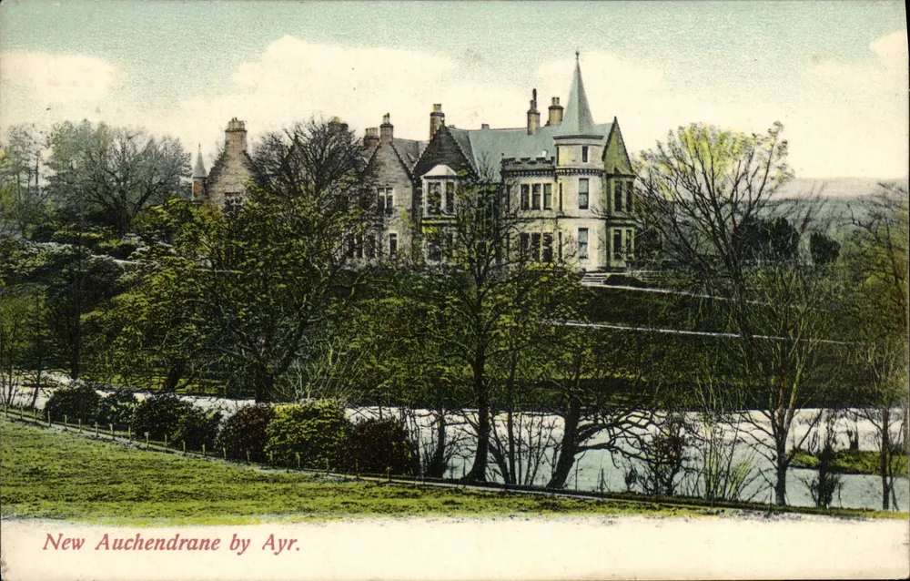 New Auchendrane bij Ayr — uitzicht op het huis en het landschap — uitgever Carrick A. D. H. Series - Voorkant