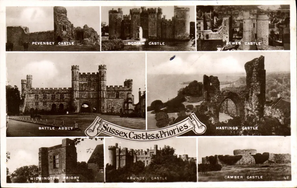 Castillos y Prioratos del Sussex — Pevensey Castle, Bodiam Castle, Lewes Castle, Battle Abbey, Hastings Castle, Wilmington Priory, Arundel Castle, Camber Castle — editor no visible, n° de serie 48 - Anverso