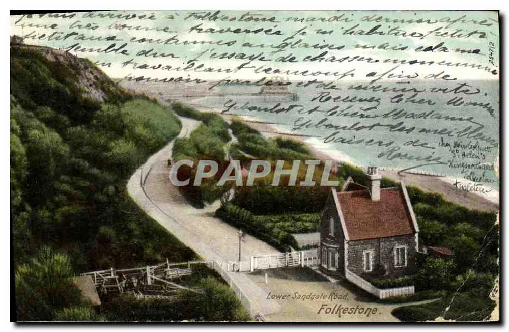 Vue de Lower Sandgate Road à Folkestone — maison au bord d'une route sinueuse, éditeur 'Folkestone' et n° 21472 - Frente