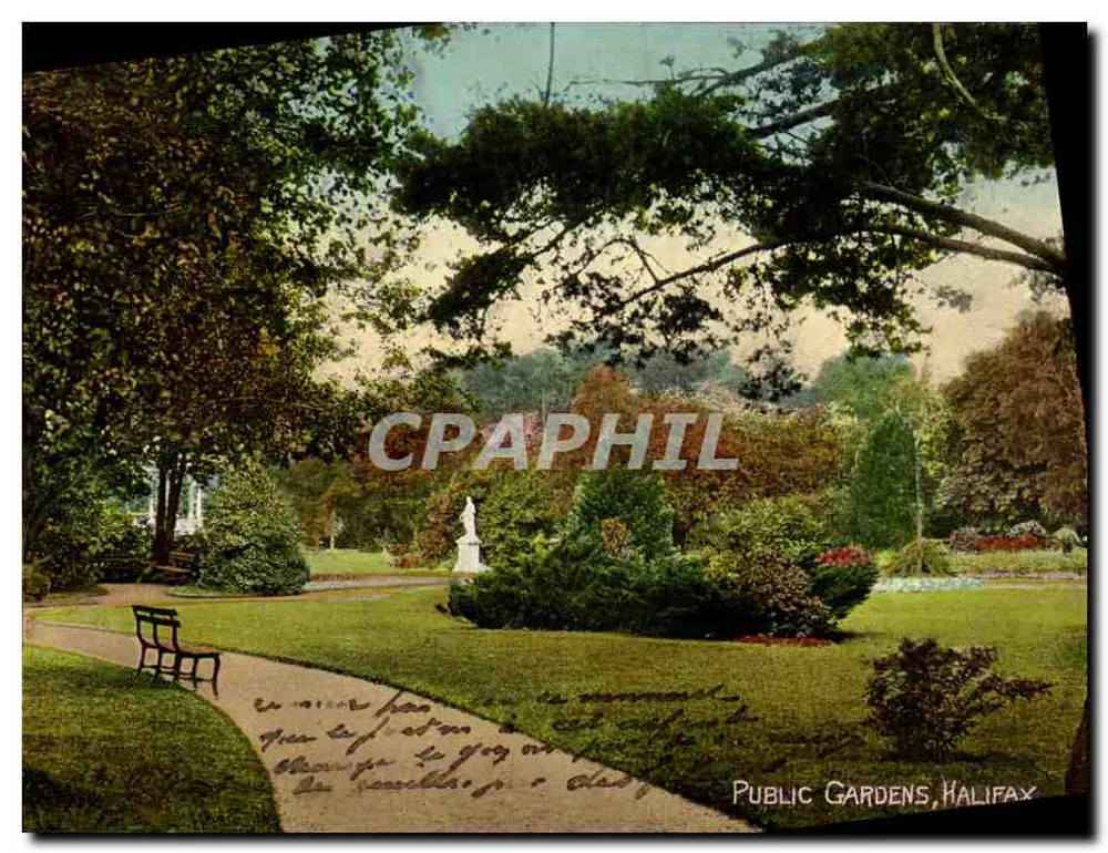 Jardins Públicos, Halifax — vista de parque com banco e estátua — Carta Postal de Lembrança, Halifax, N.S. - Frente