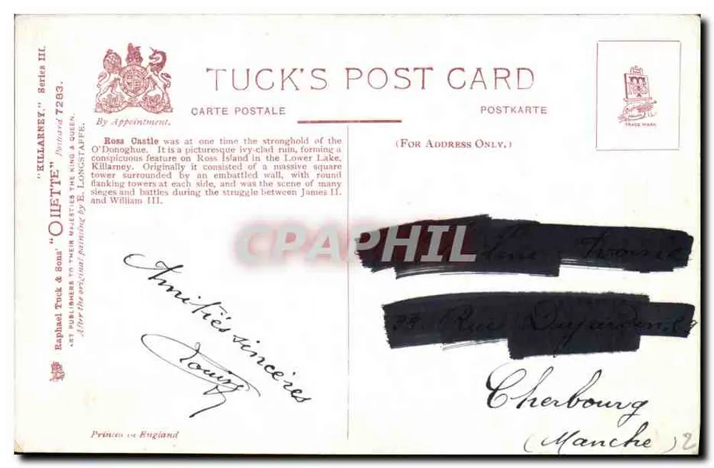Castelo de Ross, Killarney — ruína vegetalizada na ilha de Ross — Tuck's Post Card, série III, n°7283 - Verso