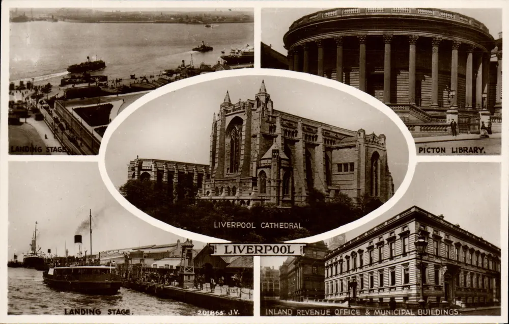 Liverpool — Panoramablick mit Kathedrale, Bibliothek und Kaien — J.V. (Verleger) - Vorderseite