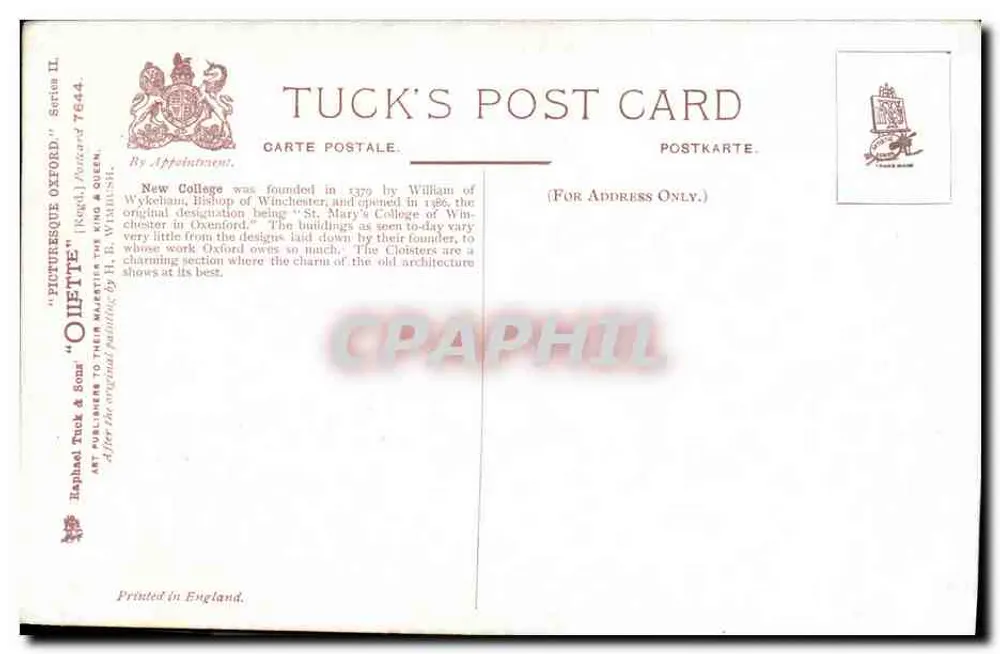 Oxford - Der Cloister & Turm, New College — Tuck's Post Card, Serie 7644 - Rückseite