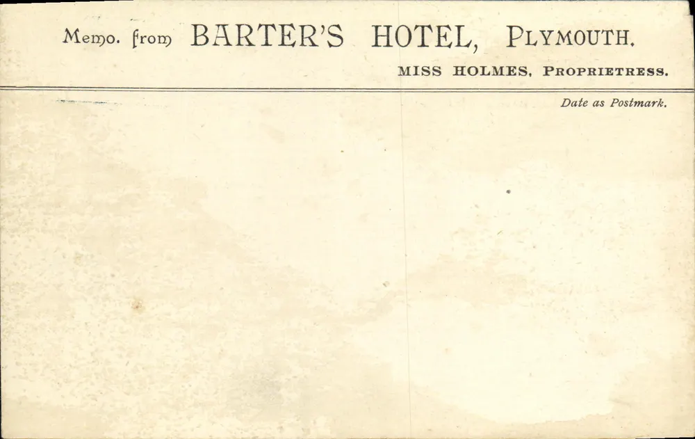 BARTER'S HOTEL, PLYMOUTH — Memo von Miss Holmes, Besitzerin — ohne Verleger oder Seriennummer sichtbar - Vorderseite