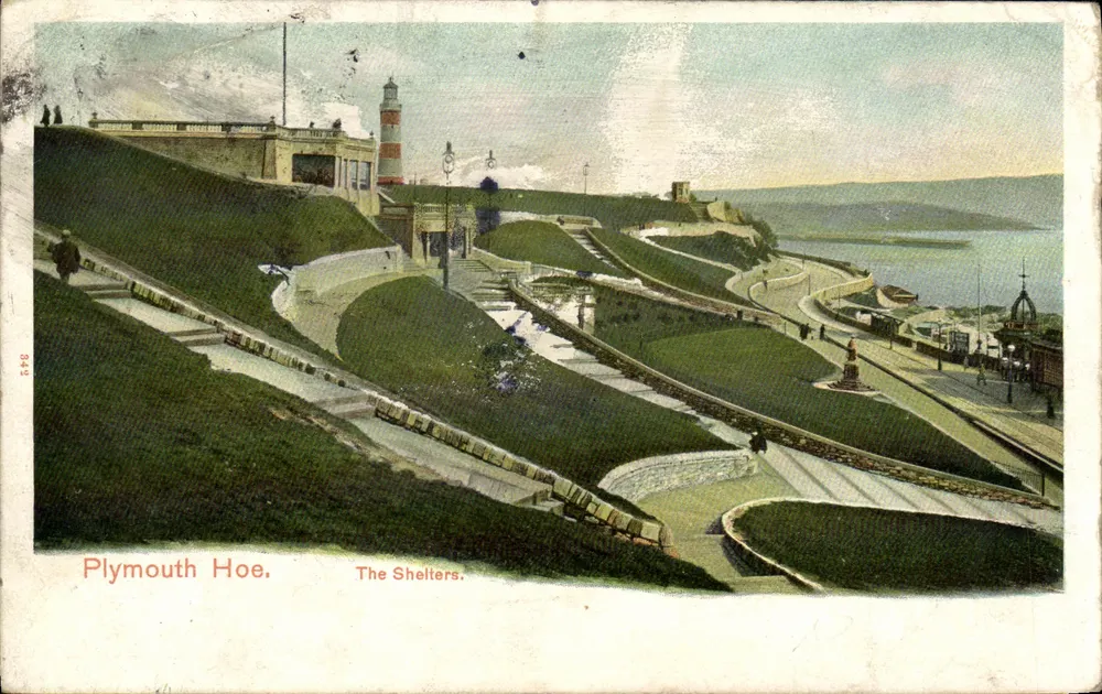 Plymouth Hoe. The Shelters. — Vue panoramique avec phare et promenade — éditeur Peacock (Color Print) Ltd. Londres, n° 342 - Frente