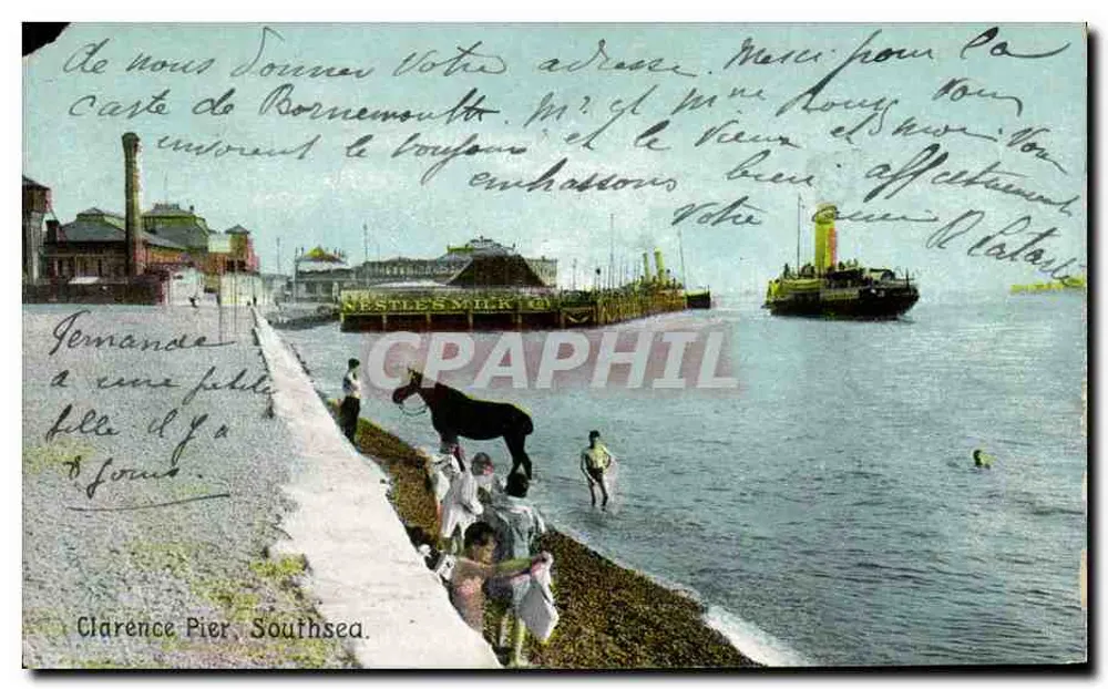 Clarence Pier, Southsea — uitzicht op de haven met ferry — uitgever: Fifer Art Post Cards - Voorkant
