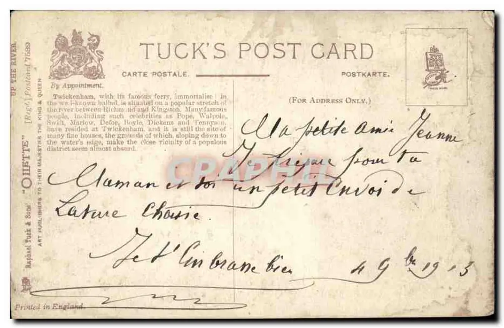 Twickenham sur la Tamise — vue du quai et de l'église — éditeur Tuck & Sons - Verso