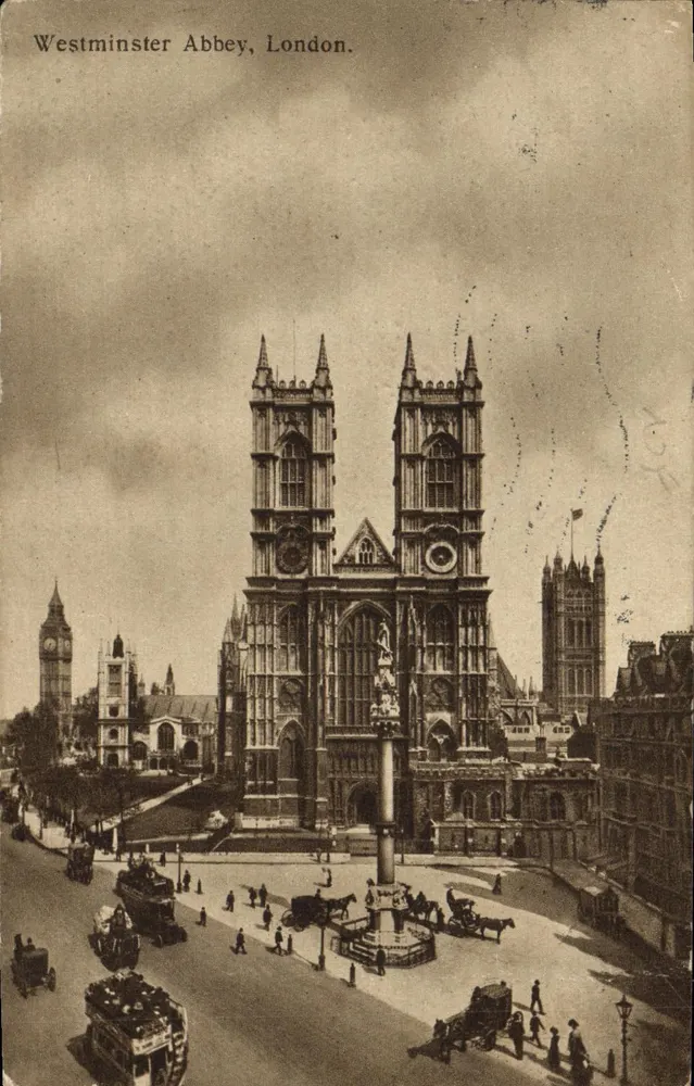 Abadia de Westminster, Londres — vista da fachada e do monumento central — Salfridge & Co. Ltd., Oxford Street, W. - Frente
