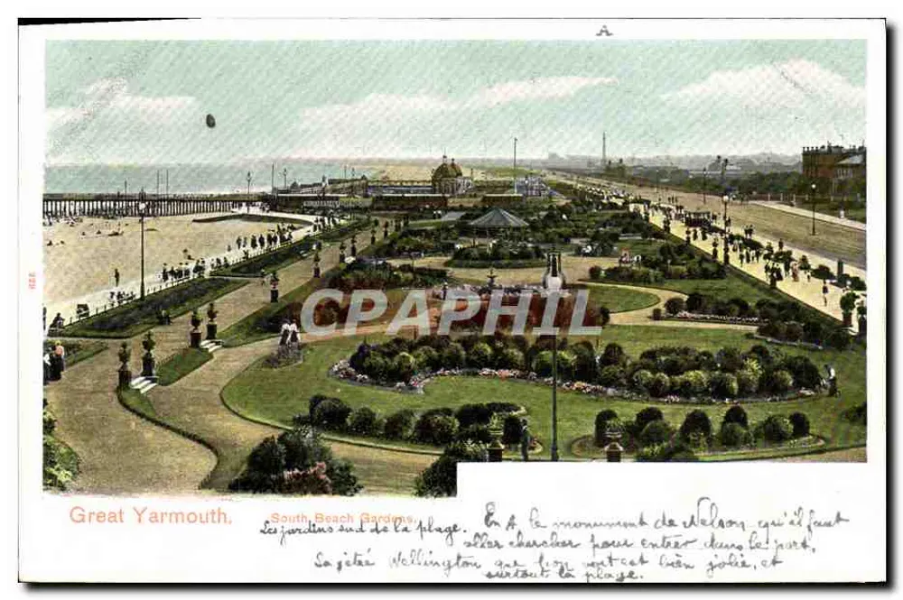 Great Yarmouth, South Beach Gardens — Aussicht auf die Gärten und das Wellington-Denkmal — Verlag Peacock Brand - Vorderseite