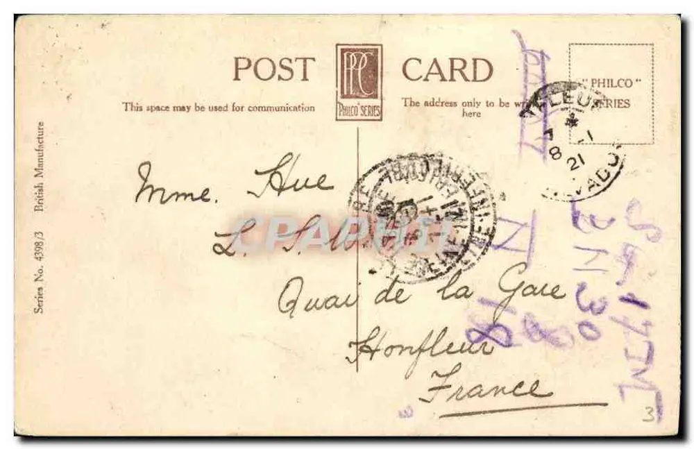 Guernsey, Petit Bot Bay — plage entre falaises avec bâtiment — éditeur Philco Series, n° 4398/3 - Verso