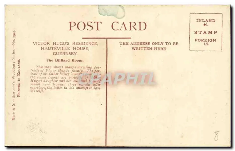 Billardzimmer — Hauteville House, Guernsey — Verlag Eyre & Spittleswoodes, Serie Woodbury, Nr. 3945 - Rückseite