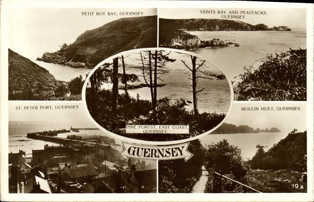 Guernsey — Petit Bot Bay, Saints Bay and Peastacks, St Peter Port, Pine Forest, Moulin Huet — unbekannter Verleger, Nr. 19a - Vorderseite
