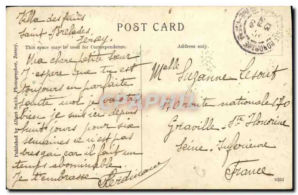 Waterworks Valley Jersey — vue d'un lac avec maison au bord, éditeur Albert Smith, n° 450 - Verso