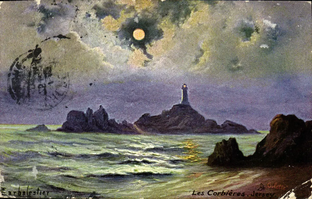 Les Corbières, Jersey — phare sur rochers sous la lune — éditeur Gillette - Frente