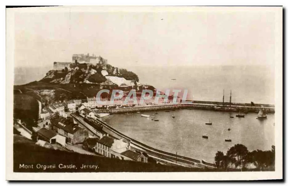 Zamek Mont Orgueil, Jersey — widok portu i zamku na wzgórzu — wydawca nieznany - Awers