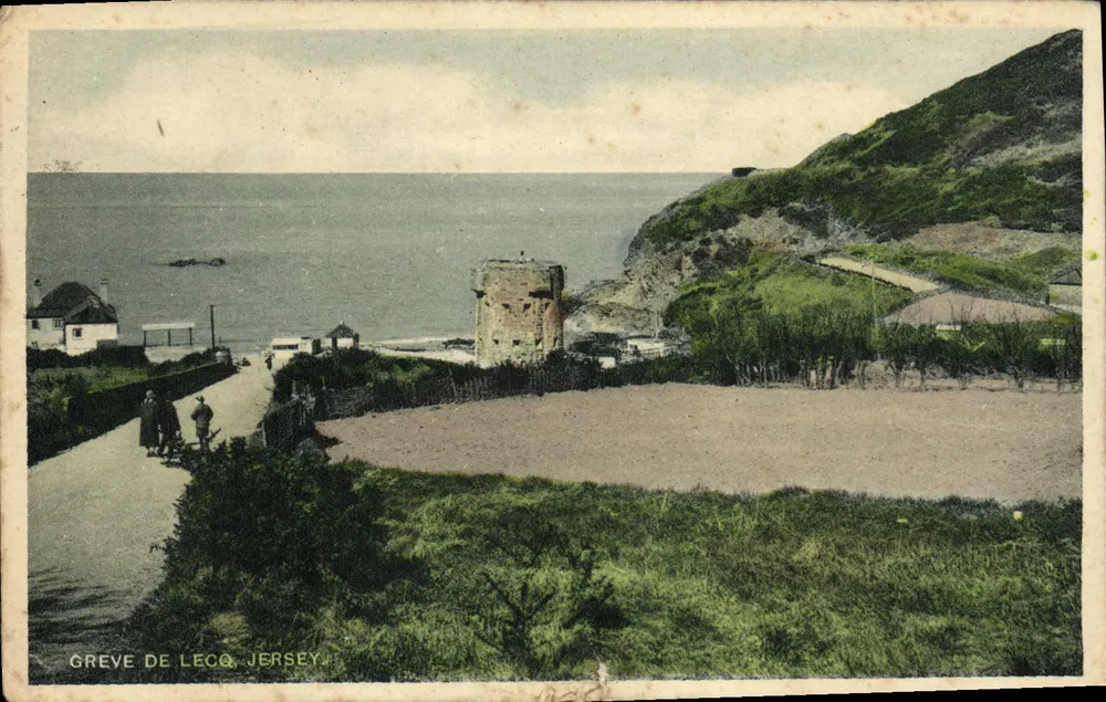 Grève de Lecq, Jersey — vista costeira com torre e promenade — editor desconhecido, número de série não visível - Frente