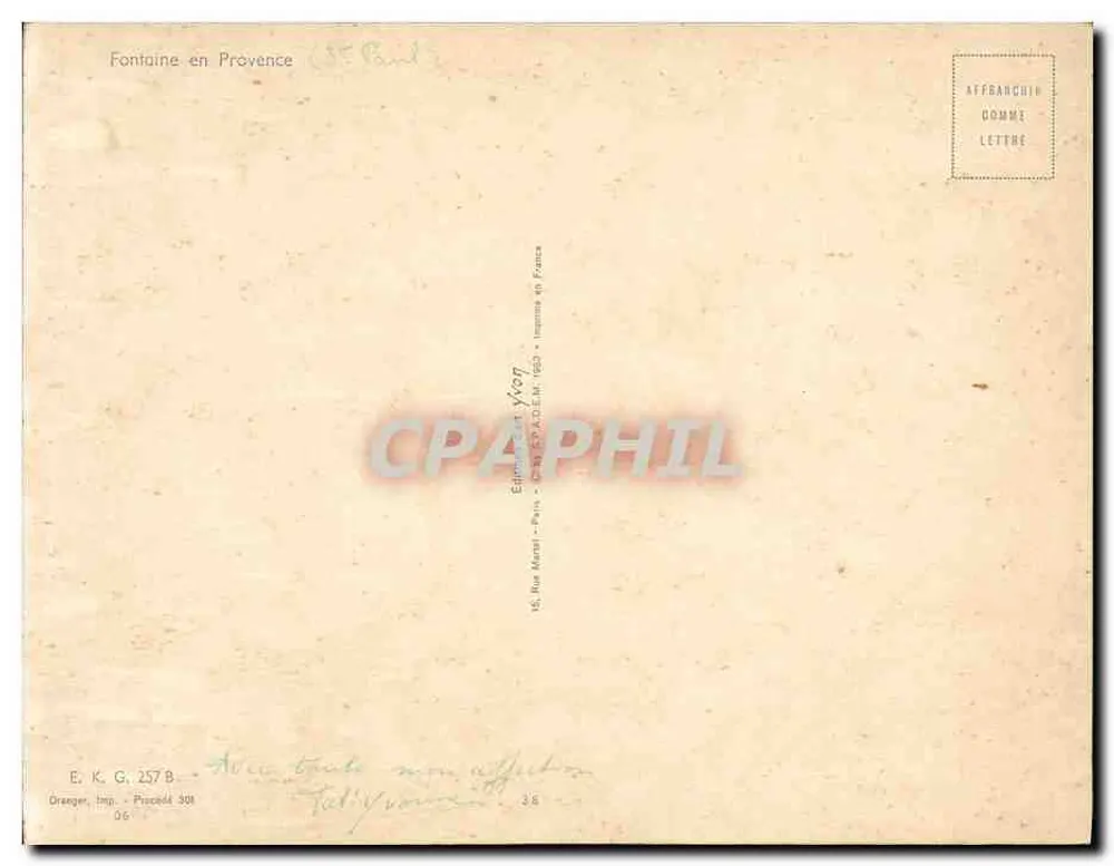 Fontaine na Provência — Editor E. K. G. 257 B — Oranger, imp. - Processo 359 - Verso